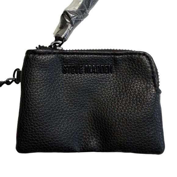 Steve Madden Coin Purse Key Ring Fob Black on Black Faux Pebbled Leather - Picture 2 of 11